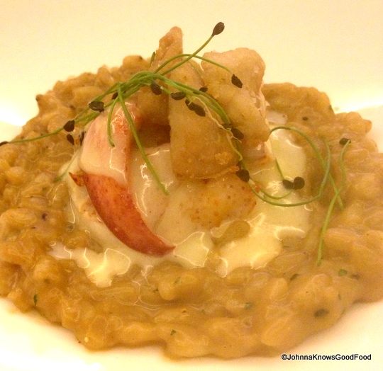 Butter Poached Maine Lobster with Roasted Veal Sweetbread & Porcini Mushroom Risotto at The Grill Room at Capella Georgetown.