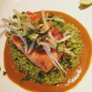 Masa 14 Grilled Salmon, Cilantro-Mint Rice and Red Thai Curry-Coconut Sauce