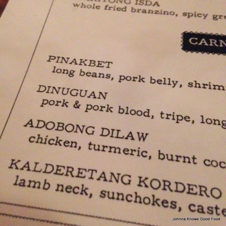 Snapshot of menu at Bad Saint